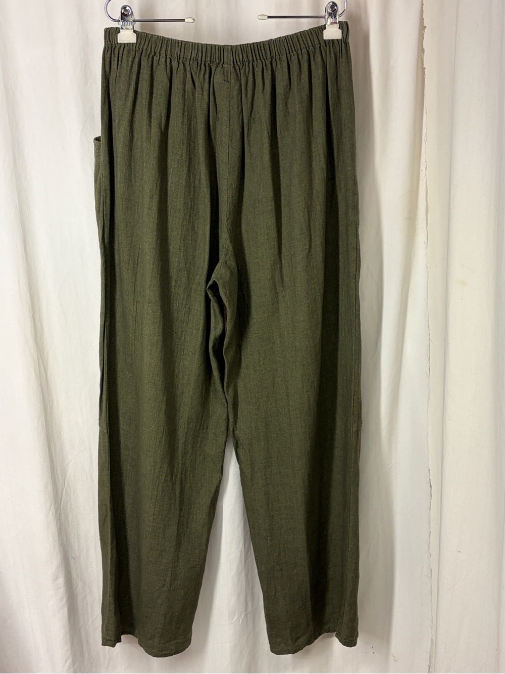 FLAX L Wide Leg Army Green LINEN Pants Flat Front Elastic Back Deep Pockets